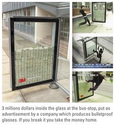 an advertisement for bulletproof glass manufacturer 3m security has been placed in front of a bus stop