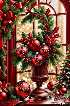 a painting of christmas decorations on a window sill