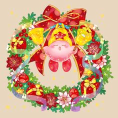 a christmas wreath with a pig in the center and bells hanging from it's side