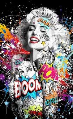 marilyn monroe with the word boon on it's face and colorful paint splatters