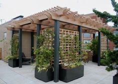 an outdoor covered patio with potted plants