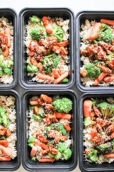 six trays filled with different types of food on top of white rice and broccoli