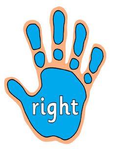 a blue hand with the word right painted on it's left side, in front of a white background