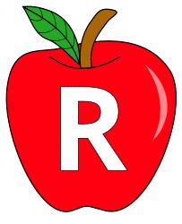 a red apple with the letter r on it's front and bottom half is shown