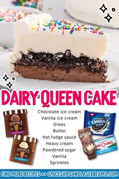 an advertisement for dairy queen cake with chocolate ice cream and sprinkles on it