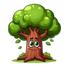 a cartoon tree with green leaves on it's trunk and eyes, smiling for the camera