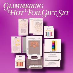 the glimmering hot foil gift set is on display with its contents and instructions