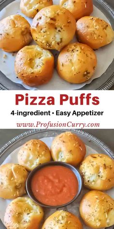 pizza puffs on a plate with dipping sauce in the middle and an image of them