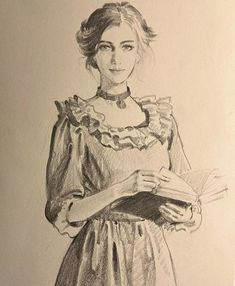 a drawing of a woman in a dress holding a book and looking at the camera