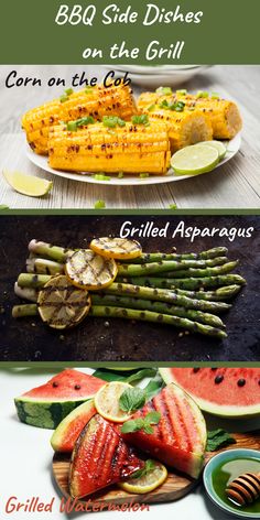 grilled fish, corn on the cob, and grilled asparagus