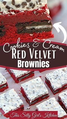 red velvet brownies with white frosting and chocolate chips