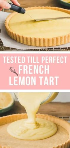 a pie crust is being drizzled with lemon tart on the top and bottom