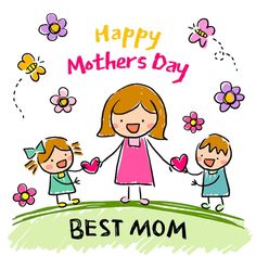 a mother's day card with two children holding hands and flowers in the background