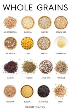 different types of whole grains in bowls on a white background with the words whole grains written below