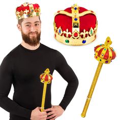 PRICES MAY VARY. This royal package includes a king crown decorated with magnificent colorful jewels and a bedazzled matching scepter. This 2-piece set comes one size fits most adults, teens, and some larger children. It is unisex and great for both men and women! This set is great for costumes, dress up, birthdays, and even theatrical productions. Looking for a quick and easy costume? This majestic king set is the perfect set for you! Great for any king or queen ensemble! King crown has an inne Costume Accessories With Tall Crown For Carnival, Tall Crown Costume Accessories For Carnival, High Crown Fitted Hat For Costume, Round Crown Costume Hats For Carnival, King Costume Mens, Carnival Costume Hat With Round Crown, Carnival Crown Costume Hats And Headpieces, Mardi Gras Crown Costume Hat For Costume Party, Adjustable Tall Crown For Costume