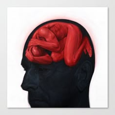 a drawing of a man's head with the brain highlighted in red and black