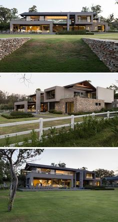 three different views of a modern house in the countryside