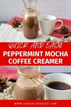 a cup of coffee next to a jar of peppermint mocha coffee creamer