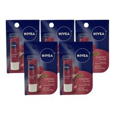 5 Pack Nivea Cherry Lip Care Tinted Scented Shea 0.17 oz Moisturize Hydrate ***This listing is for the EXACT version shown in photos***Product Features: Sold as New, 5 Pack Full Size, 0.17 oz (4.8 g) x 5 Cherry: red tint, cherry extract, fruity scent of sweet cherries ***All measurements done while item/garment is laying flat and are approximate  Why Purchase From Us? Products are 100% authentic, sourced direct from manufactures &/or certified distributors from major retail chains We ship within 24 hours (usually within 12 hours or less, not including Weekends & Holidays) 30 Day Return Policy Rapid Customer E-mail Response Services High Customer Feedback Professional & Secure Packaging All Inventory Stored in a Smoke-Free, Temperature Controlled Facility Cherry Products, Cherry Extract, Cherry Lips, Sweet Cherries, Customer Feedback, Lip Care, Cherry Red, Beauty Skin, Lip Balm