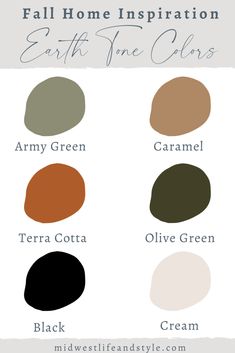 the earth tone color chart for fall home decor and furniture colors, including black, green,