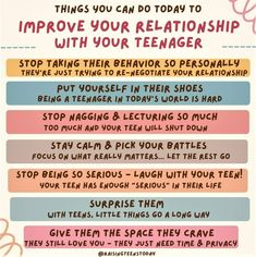 a poster with the words, things you can do today to improve your relationship with your teenager