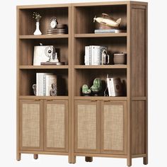 an open bookcase with wicker doors and shelves