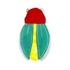 a green and yellow object with red hat on it