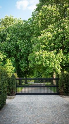 an iron gate is surrounded by hedges and trees