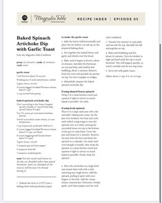 the recipe page for baked spinach artiche dip with garlic toast