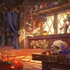 a room filled with lots of clutter next to a wooden table covered in pumpkins