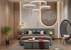 a bed room with a neatly made bed and a round mirror