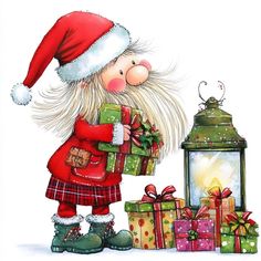 a drawing of a santa clause holding presents in front of a lantern and christmas tree