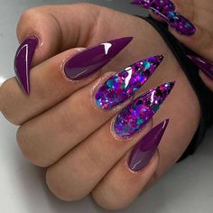 Purple Stiletto Nails, Acrylic Nails Stiletto, Purple Acrylic Nails, Stiletto Nail Art, Purple Nail Designs, Easy Nails, Purple Nail, Her Nails