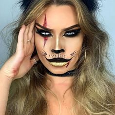 Cat Makeup For Kids, Nem Halloween Makeup, Catwoman Makeup, Cat For Halloween, Double Dress, Beautiful Halloween Makeup, Spooky Makeup, Cat Halloween Makeup