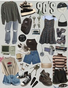 Outfits From The 90s Vintage, Aesthetic Decades Outfits, 1990s Skirt Outfit, 90 Alternative Style, 90s Outfit School, 80/90s Fashion, 90s Fashion Outfit Ideas, Fall 90s Outfits Vintage, 90s Outfit Accessories