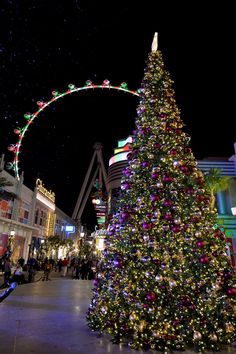 a large christmas tree in front of a ferris wheel