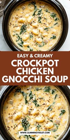 two crockpot chicken gnocchini soups with spinach and cheese