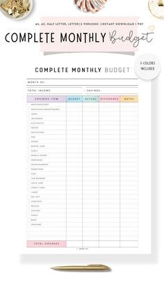 the complete printable budget sheet is shown on top of a white background with gold accents