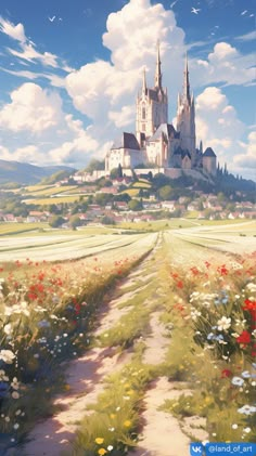 a painting of a castle on top of a hill with flowers in the foreground