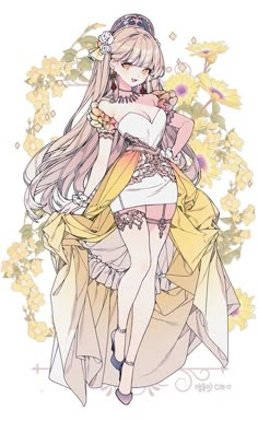 a drawing of a girl with long hair wearing a dress and holding a flower in her hand