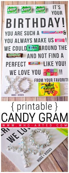 a birthday card with the words happy and candygramm on it, next to an image