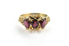 Vintage Victorian Gold Lace Ruby Red Ring - Faux Ruby - Teardrop Cut CZ Stones - Cocktail Dinner Ring - July Birthstone - Size 6 Red Ring, Red Rings, Victorian Gold, Gold Lace, July Birthstone, Vintage Victorian