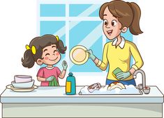 a woman washing dishes with her daughter