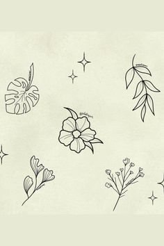 a drawing of flowers and stars on a white background