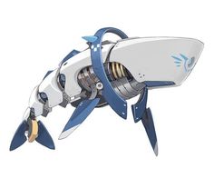 a white and blue robot is flying through the air