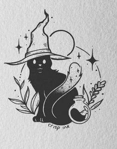 a black cat wearing a witches hat and holding a caulder in its paws