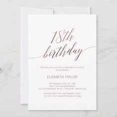 an elegant birthday party card with the words, 13th birthday and pink foil on it