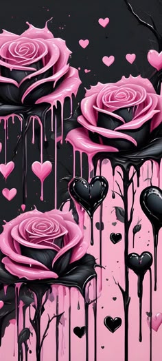 pink roses with black hearts and dripping paint