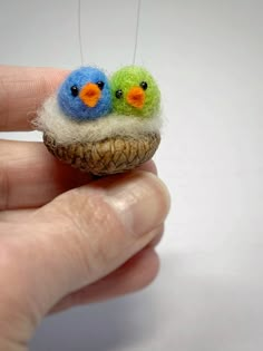 two little birds sitting on top of a tiny bird nest in someone's hand