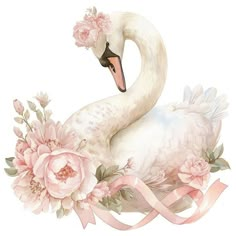 a watercolor painting of a swan with flowers on it's head and ribbon around its neck